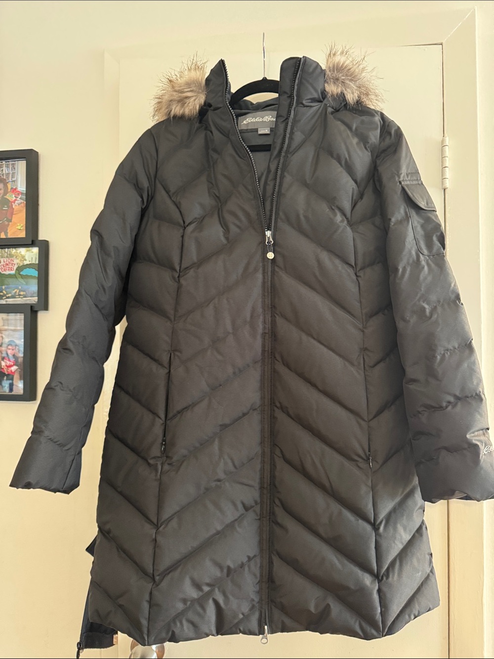 Eddie Bauer Black Long Chevron Down Puffer Coat with Faux Fur Trim Hood